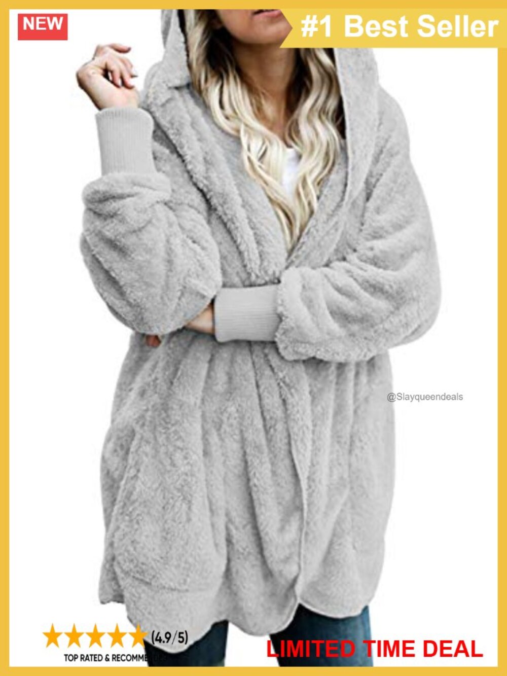 Fuzzy Fleece Open Front Hooded Cardigan Jacket with Pockets